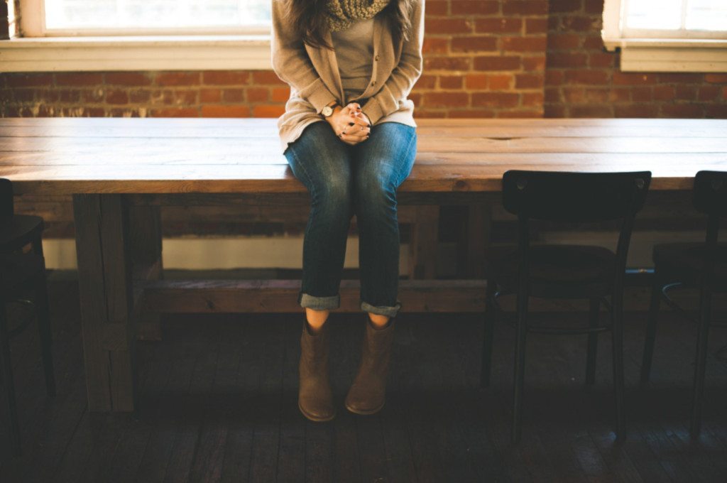 Lady sitting on lovely re-purposed wooden desk