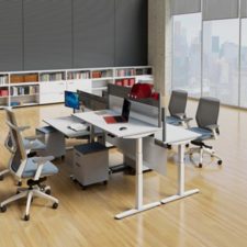 Height adjustable table allows users to sit or stand throughout the day promoting a healthy and productive work environment.