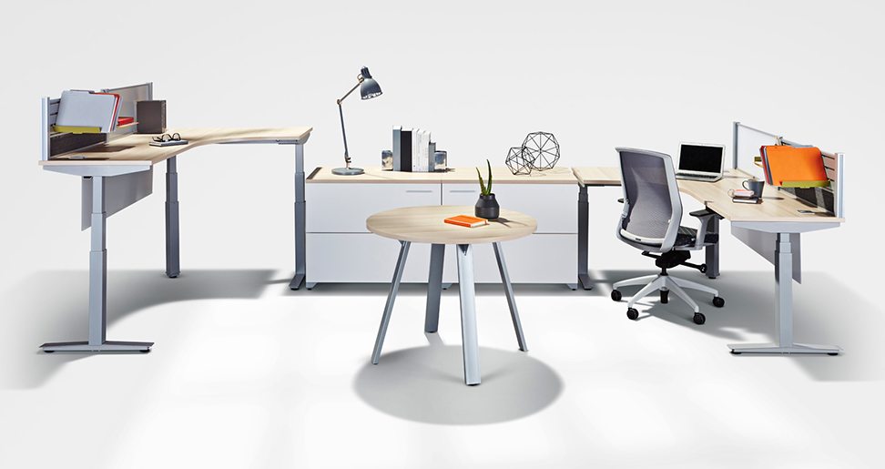Height adjustable tables provide the flexibility and function necessary for healthy living in today’s modern working environments. High quality motors with pre-sets allow for a quiet and easy transition from sitting to standing at the press of a button. This ergonomic solution can stand alone for a touch down station or integrate into our numerous benching, private office, and system solutions.